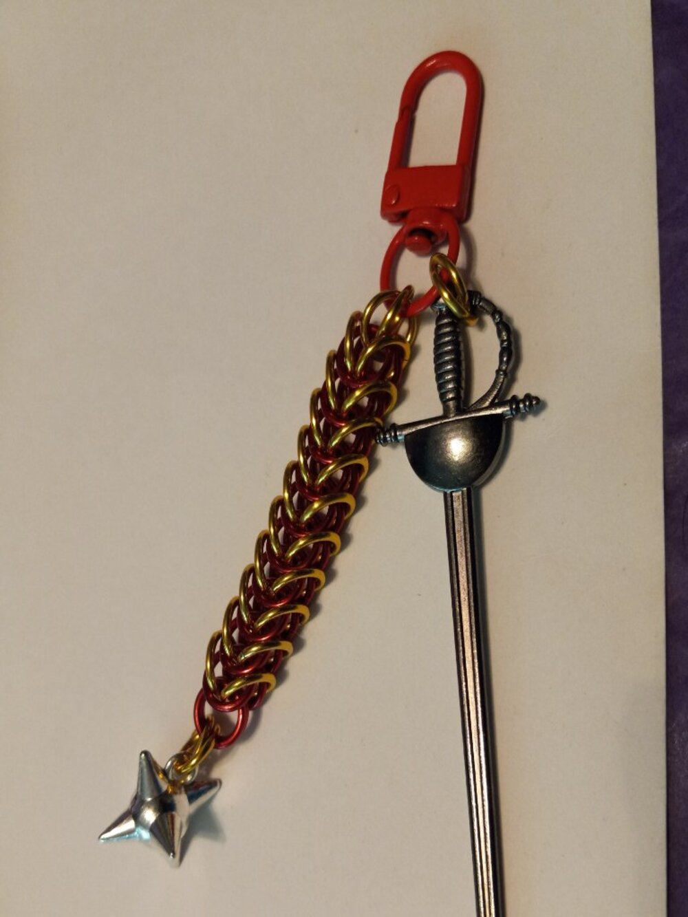 Red & Gold Chain mail Keychain with Sword